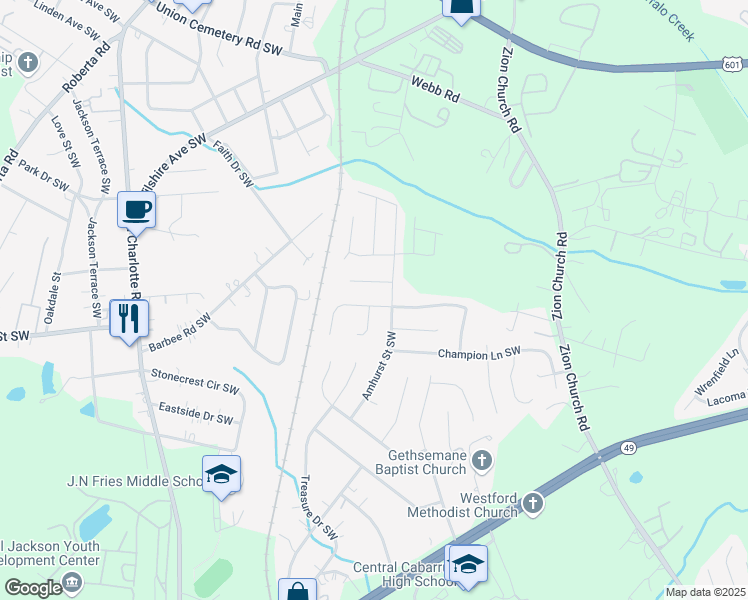 map of restaurants, bars, coffee shops, grocery stores, and more near 2947 Rockingham Court Southwest in Concord