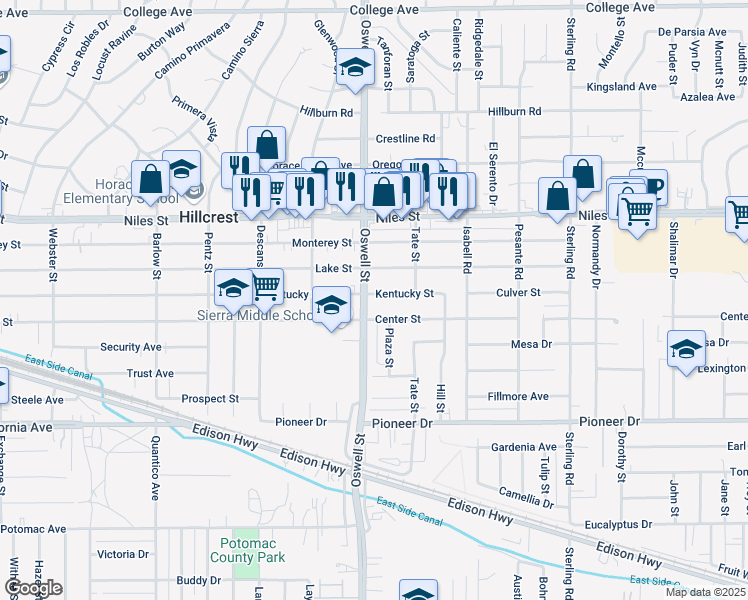 map of restaurants, bars, coffee shops, grocery stores, and more near 1022 Oswell Street in Bakersfield