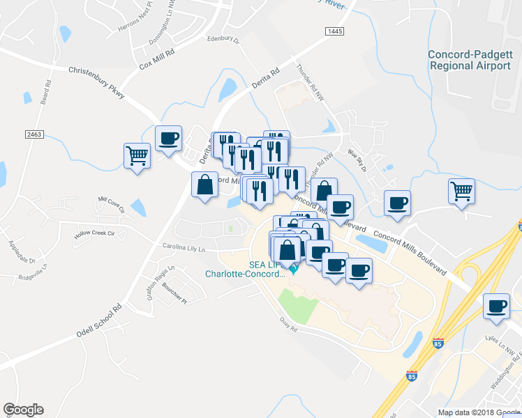 map of restaurants, bars, coffee shops, grocery stores, and more near 8621 Concord Mills Boulevard in Concord