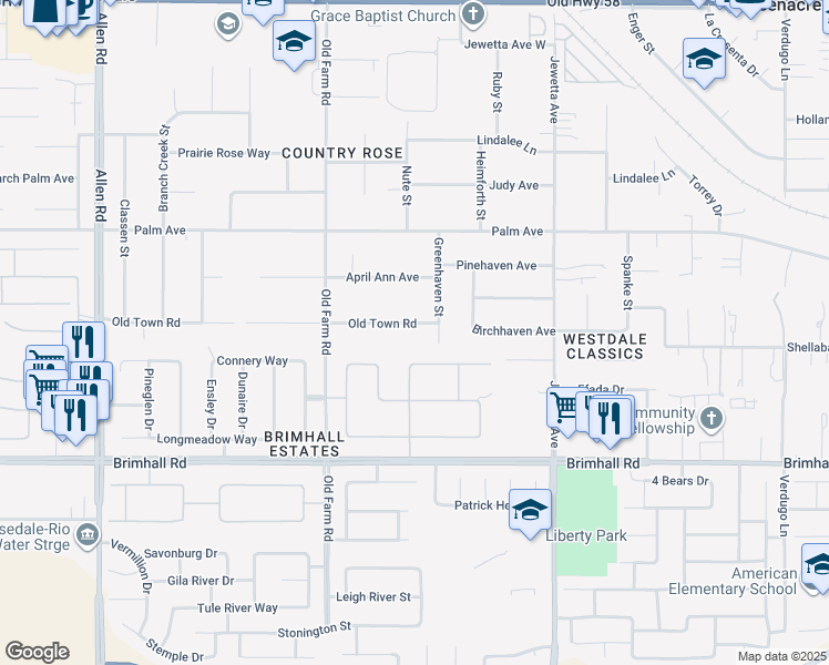 map of restaurants, bars, coffee shops, grocery stores, and more near 11717 Old Town Road in Bakersfield