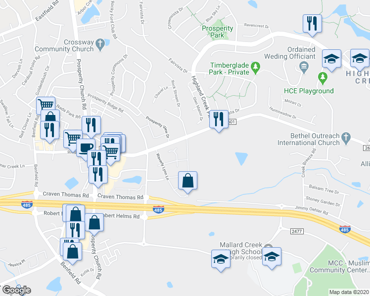map of restaurants, bars, coffee shops, grocery stores, and more near 5925 Waverly Lynn Lane in Charlotte
