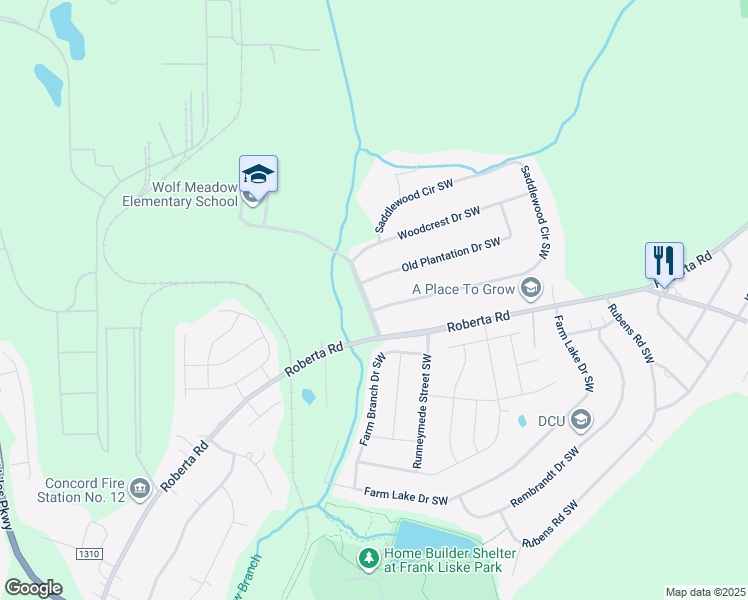 map of restaurants, bars, coffee shops, grocery stores, and more near 3187 Farmwood Boulevard Southwest in Concord
