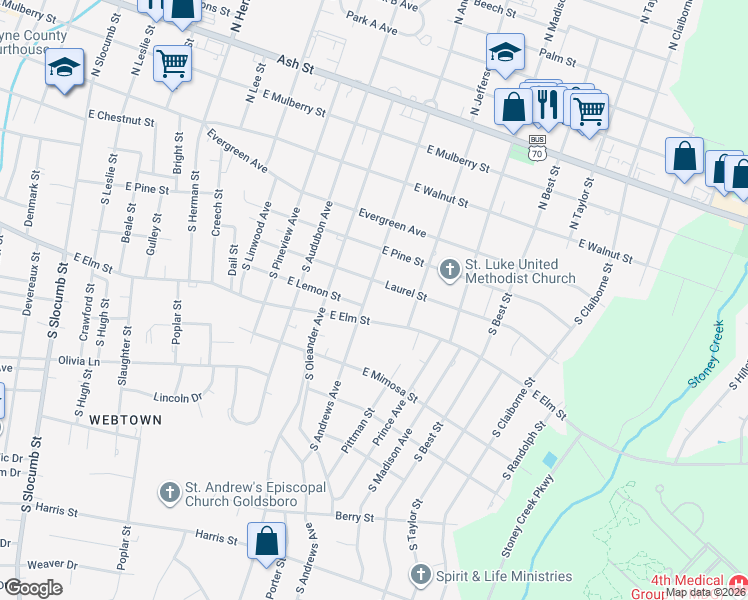 map of restaurants, bars, coffee shops, grocery stores, and more near 409 South Andrews Avenue in Goldsboro