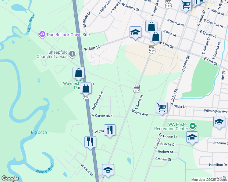 map of restaurants, bars, coffee shops, grocery stores, and more near 801 Anderson Drive in Goldsboro