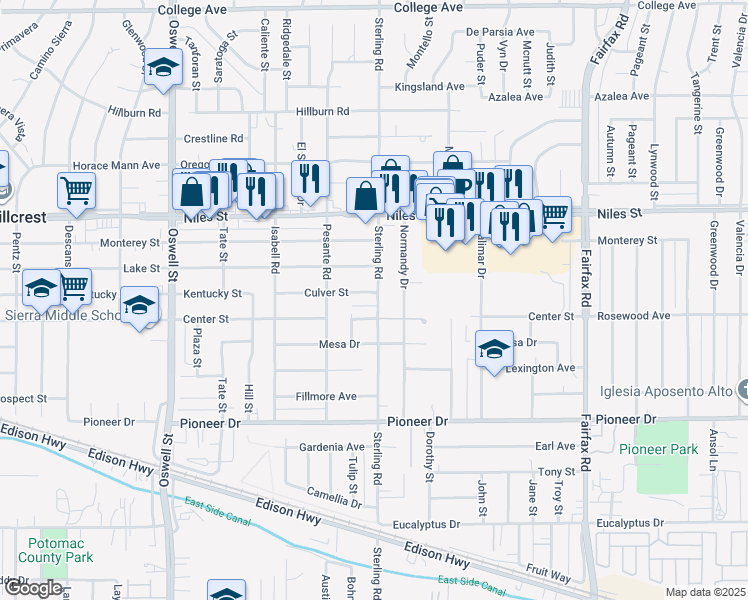 map of restaurants, bars, coffee shops, grocery stores, and more near 3425 Culver Street in Bakersfield