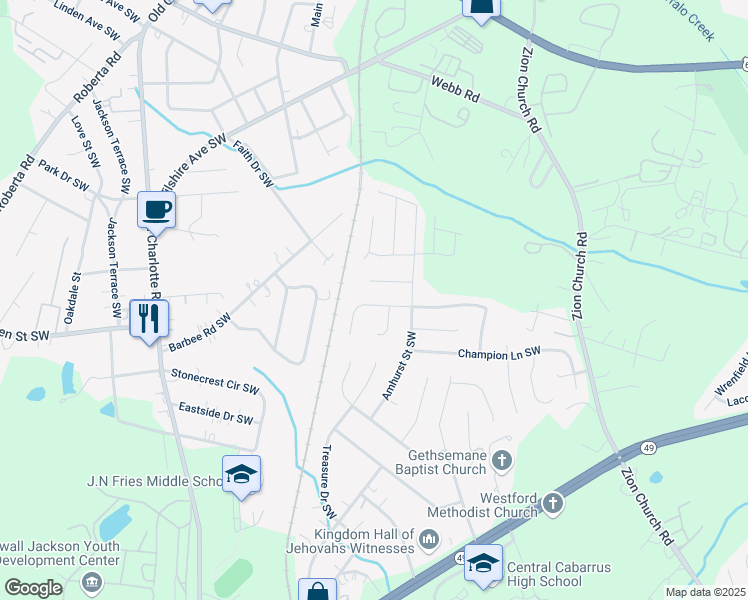map of restaurants, bars, coffee shops, grocery stores, and more near 2927 Rockingham Court Southwest in Concord