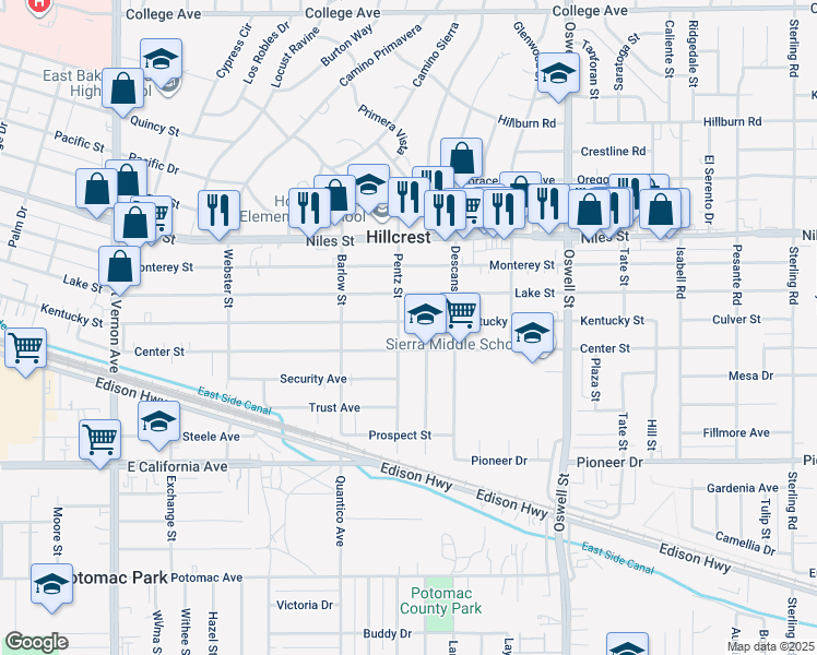 map of restaurants, bars, coffee shops, grocery stores, and more near 2805 Kentucky Street in Bakersfield