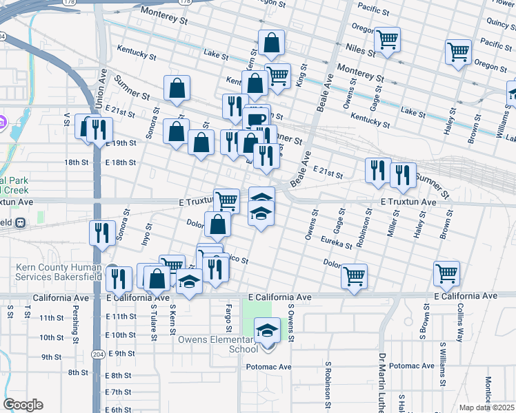 map of restaurants, bars, coffee shops, grocery stores, and more near 717 East 18th Street in Bakersfield