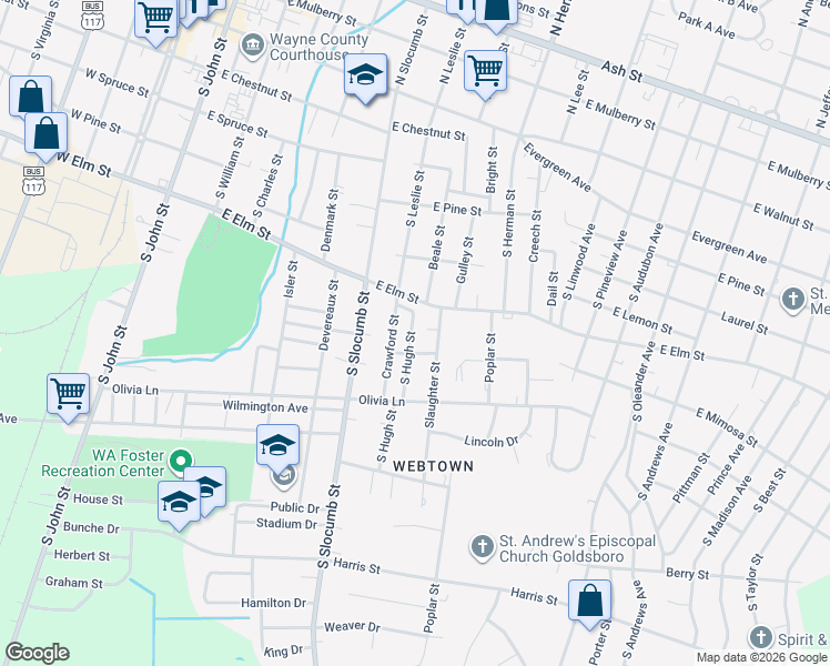 map of restaurants, bars, coffee shops, grocery stores, and more near 608 Hugh Street in Goldsboro