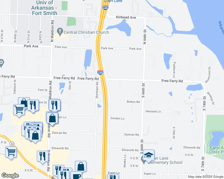 map of restaurants, bars, coffee shops, grocery stores, and more near 935 South 62nd in Fort Smith