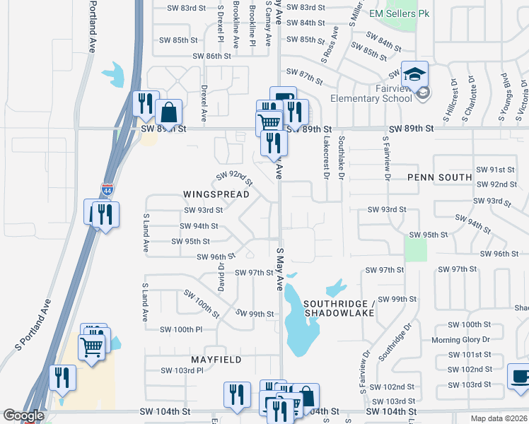 map of restaurants, bars, coffee shops, grocery stores, and more near 9400 Brookline Avenue in Oklahoma City