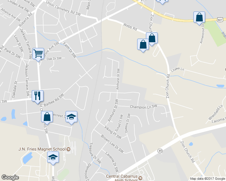 map of restaurants, bars, coffee shops, grocery stores, and more near 2951 Rockingham Court Southwest in Concord