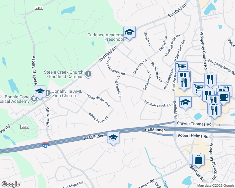 map of restaurants, bars, coffee shops, grocery stores, and more near 11835 Long Forest Drive in Charlotte