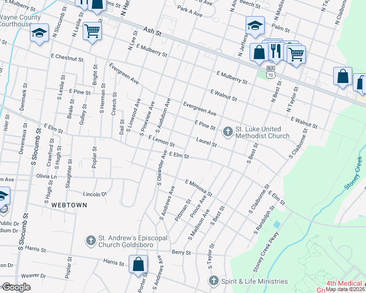 map of restaurants, bars, coffee shops, grocery stores, and more near 409 South Andrews Avenue in Goldsboro