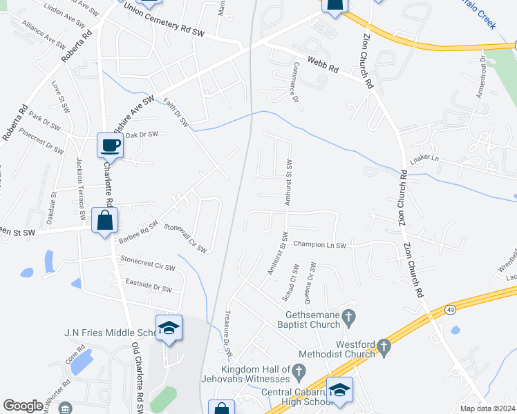 map of restaurants, bars, coffee shops, grocery stores, and more near 2923 Rockingham Court Southwest in Concord