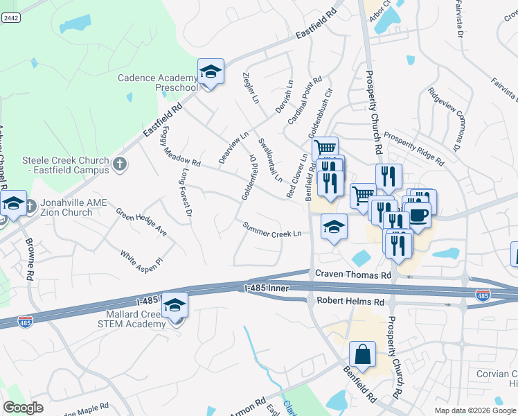 map of restaurants, bars, coffee shops, grocery stores, and more near 6050 Shining Oak Lane in Charlotte
