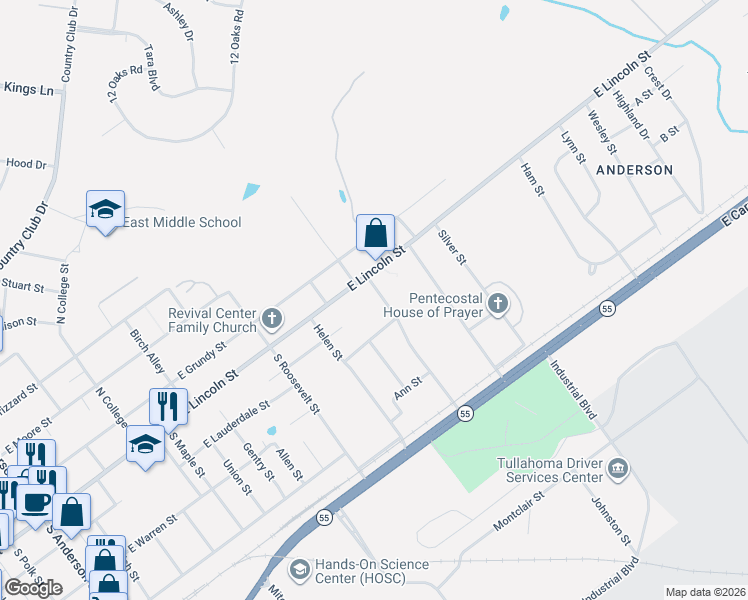 map of restaurants, bars, coffee shops, grocery stores, and more near 1408 East Lincoln Street in Tullahoma