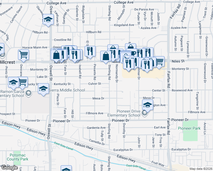 map of restaurants, bars, coffee shops, grocery stores, and more near 3421 Culver Street in Bakersfield