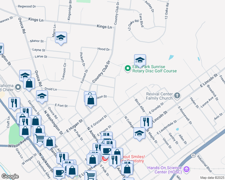 map of restaurants, bars, coffee shops, grocery stores, and more near 608 Stuart Street in Tullahoma
