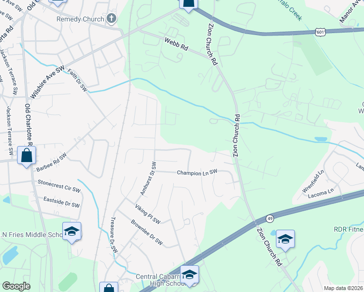 map of restaurants, bars, coffee shops, grocery stores, and more near 3049 Rockingham Court Southwest in Concord