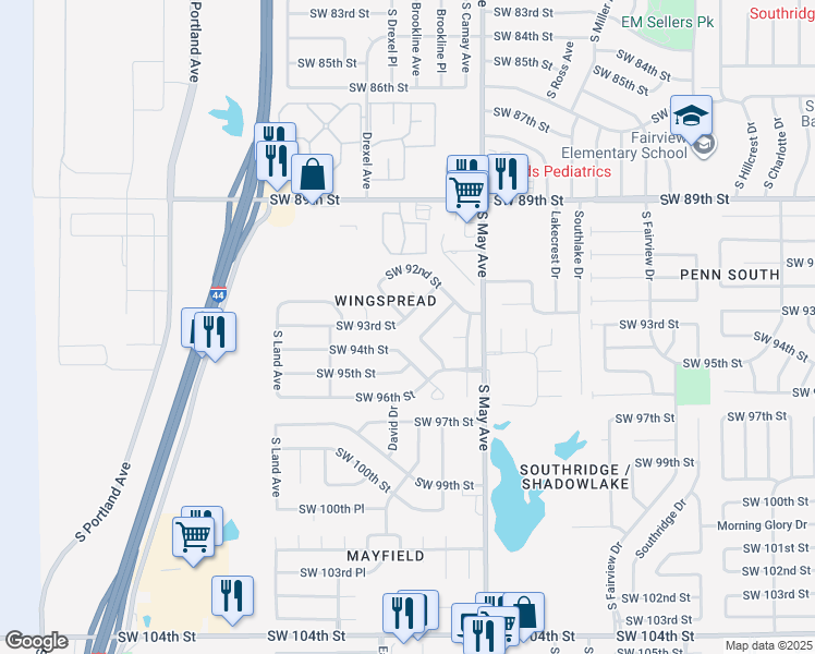 map of restaurants, bars, coffee shops, grocery stores, and more near 3108 Southwest 93rd Street in Oklahoma City