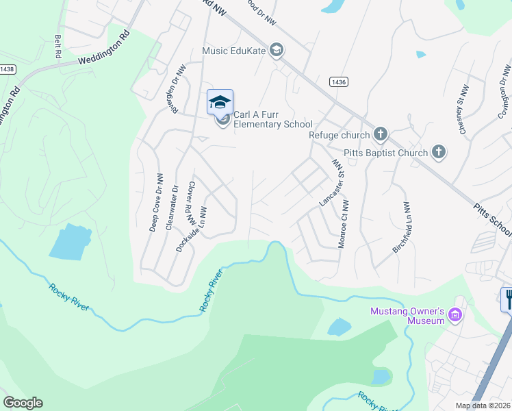 map of restaurants, bars, coffee shops, grocery stores, and more near 2999 Plantation Road Northwest in Concord