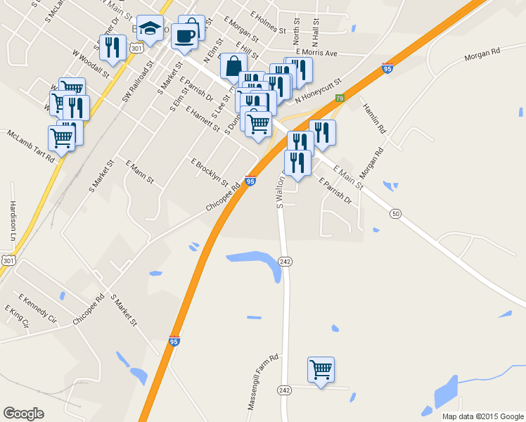 map of restaurants, bars, coffee shops, grocery stores, and more near 308 South Walton Drive in Benson