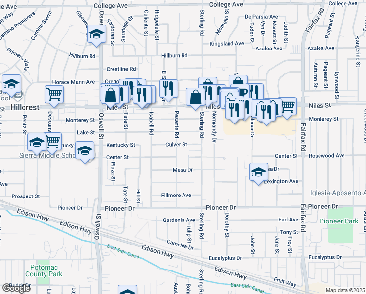 map of restaurants, bars, coffee shops, grocery stores, and more near 3405 Culver Street in Bakersfield
