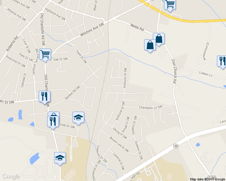 map of restaurants, bars, coffee shops, grocery stores, and more near 2927 Rockingham Court Southwest in Concord