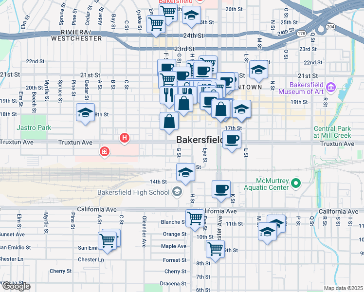 map of restaurants, bars, coffee shops, grocery stores, and more near 1717 Truxtun Avenue in Bakersfield