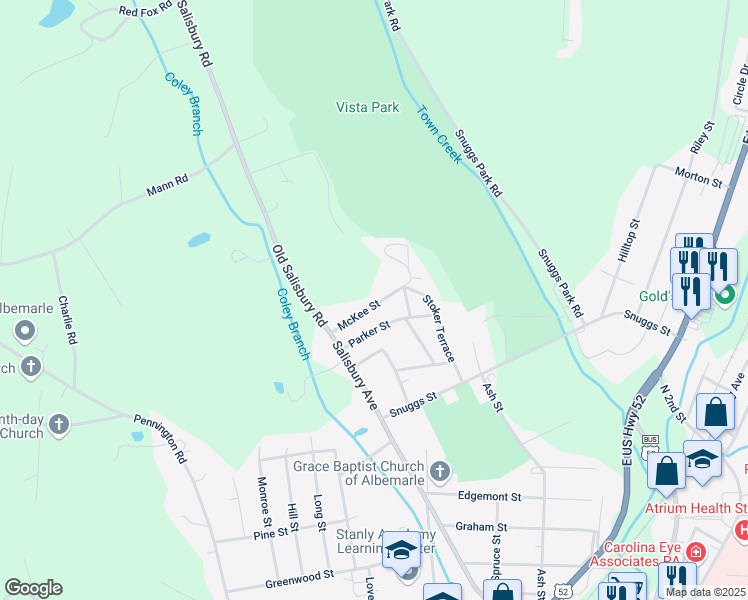 map of restaurants, bars, coffee shops, grocery stores, and more near 632 McKee Street in Albemarle