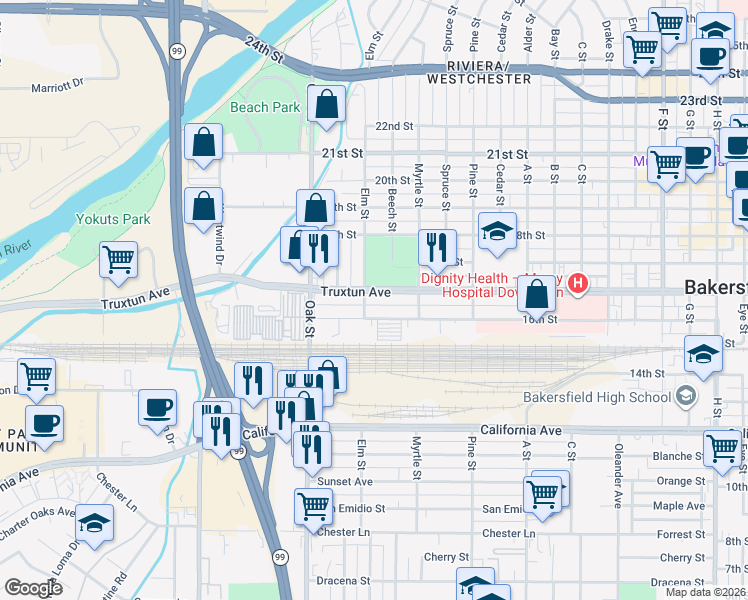 map of restaurants, bars, coffee shops, grocery stores, and more near 2925 Truxtun Avenue in Bakersfield