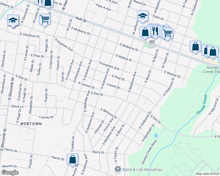 map of restaurants, bars, coffee shops, grocery stores, and more near 1506 East Laurel Street in Goldsboro
