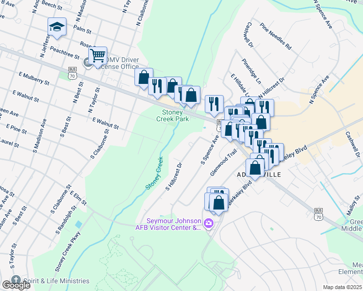 map of restaurants, bars, coffee shops, grocery stores, and more near 217 South Hillcrest Drive in Goldsboro