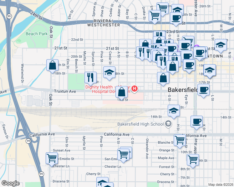map of restaurants, bars, coffee shops, grocery stores, and more near 2401 Truxtun Avenue in Bakersfield