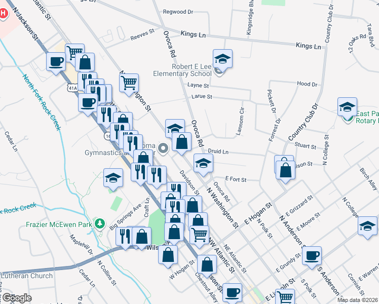 map of restaurants, bars, coffee shops, grocery stores, and more near 204 Robertson Street in Tullahoma