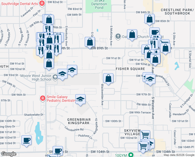 map of restaurants, bars, coffee shops, grocery stores, and more near 9517 Blackwelder Avenue in Oklahoma City