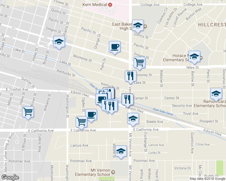 map of restaurants, bars, coffee shops, grocery stores, and more near 2117 Kentucky Street in Bakersfield
