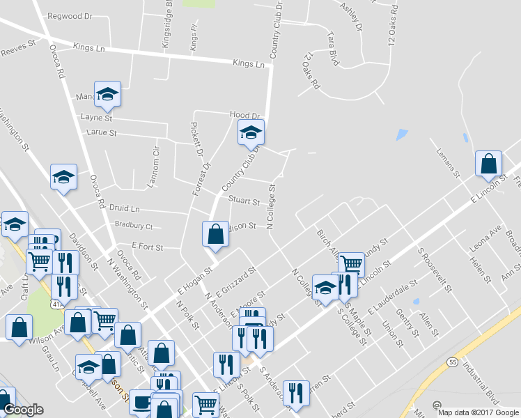 map of restaurants, bars, coffee shops, grocery stores, and more near 608 Stuart Street in Tullahoma