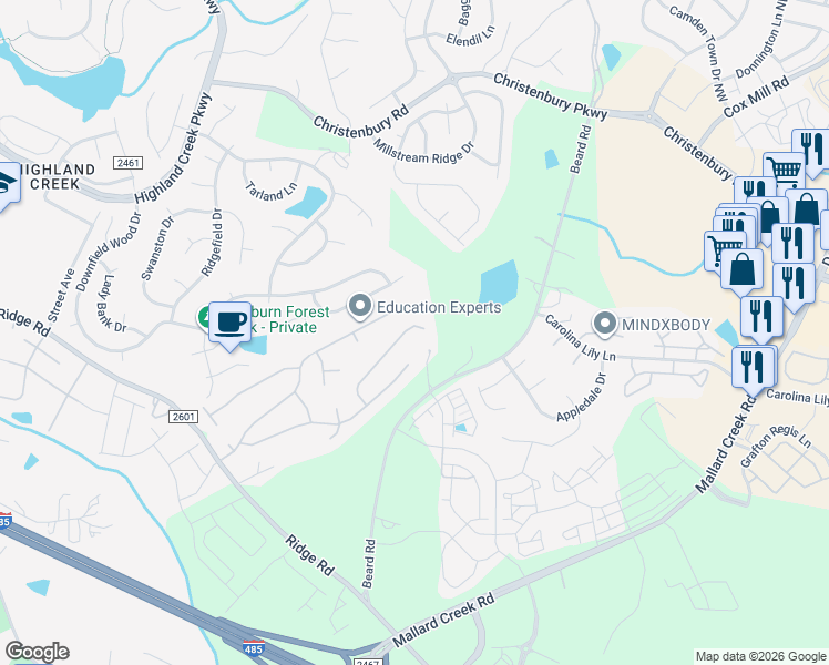 map of restaurants, bars, coffee shops, grocery stores, and more near 2816 Forest Grove Court in Charlotte
