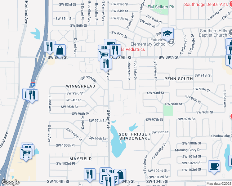 map of restaurants, bars, coffee shops, grocery stores, and more near 9404 Shallow Lake Court in Oklahoma City