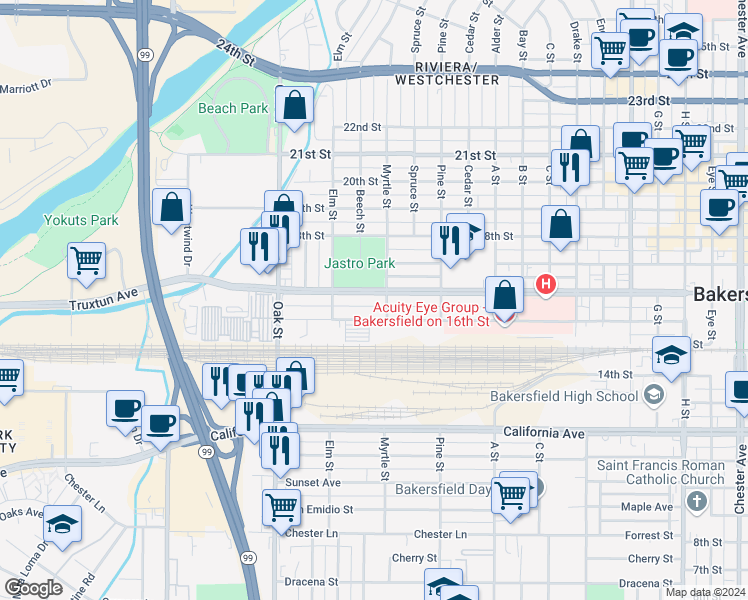 map of restaurants, bars, coffee shops, grocery stores, and more near 2813 Truxtun Avenue in Bakersfield