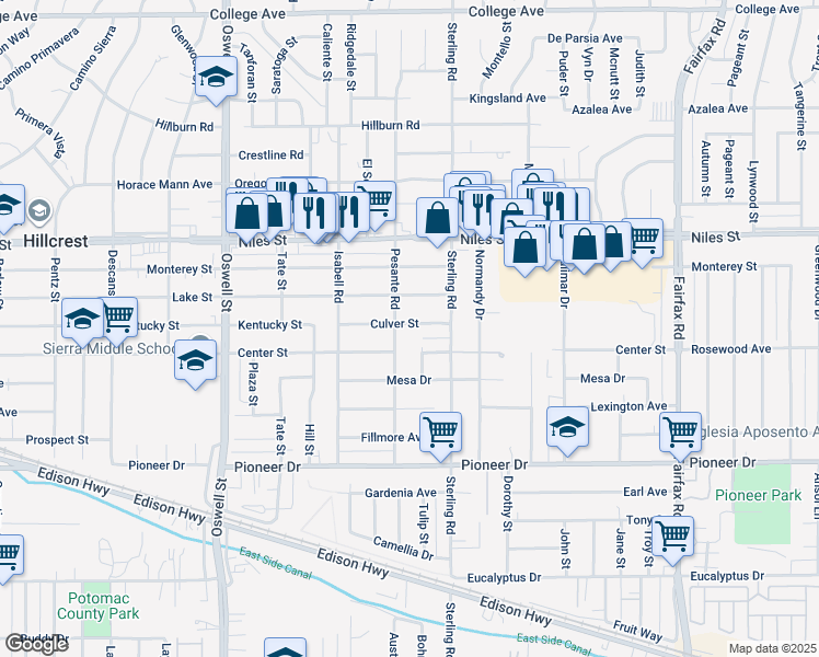 map of restaurants, bars, coffee shops, grocery stores, and more near 3405 Culver Street in Bakersfield