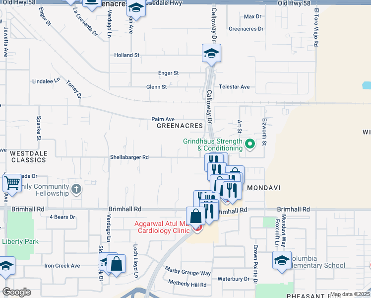 map of restaurants, bars, coffee shops, grocery stores, and more near 1723 Country Breeze Place in Bakersfield