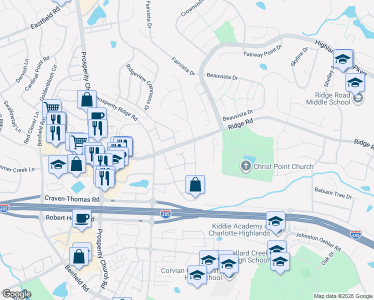 map of restaurants, bars, coffee shops, grocery stores, and more near 5925 Waverly Lynn Lane in Charlotte