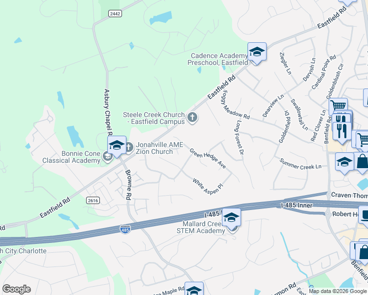 map of restaurants, bars, coffee shops, grocery stores, and more near 10431 Green Hedge Avenue in Charlotte