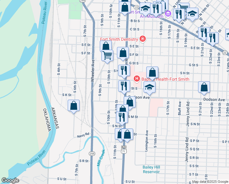 map of restaurants, bars, coffee shops, grocery stores, and more near 1115 South 10th Street in Fort Smith