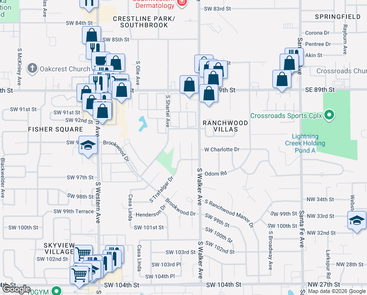 map of restaurants, bars, coffee shops, grocery stores, and more near 9516 South Trafalgar Drive in Oklahoma City