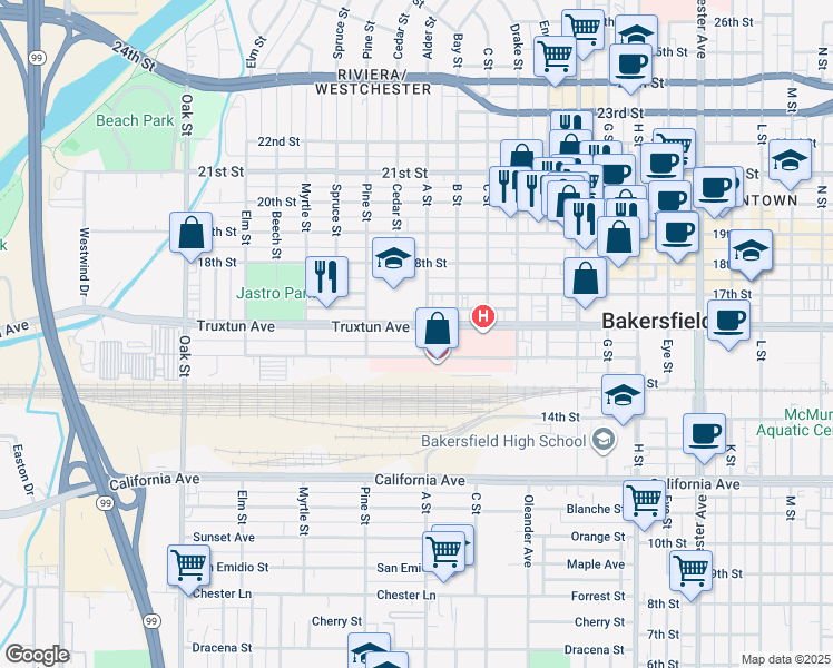 map of restaurants, bars, coffee shops, grocery stores, and more near 2407 Truxtun Avenue in Bakersfield