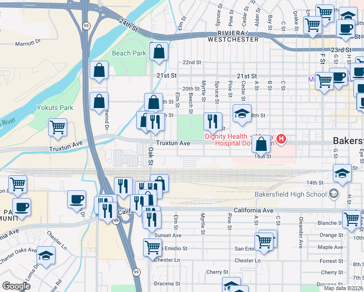 map of restaurants, bars, coffee shops, grocery stores, and more near 2925 Truxtun Avenue in Bakersfield